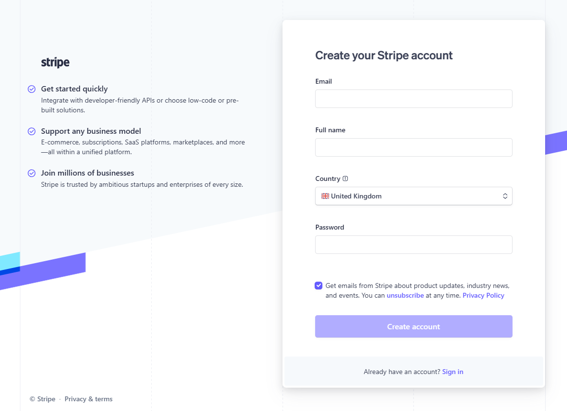 Sign up for a Stripe account