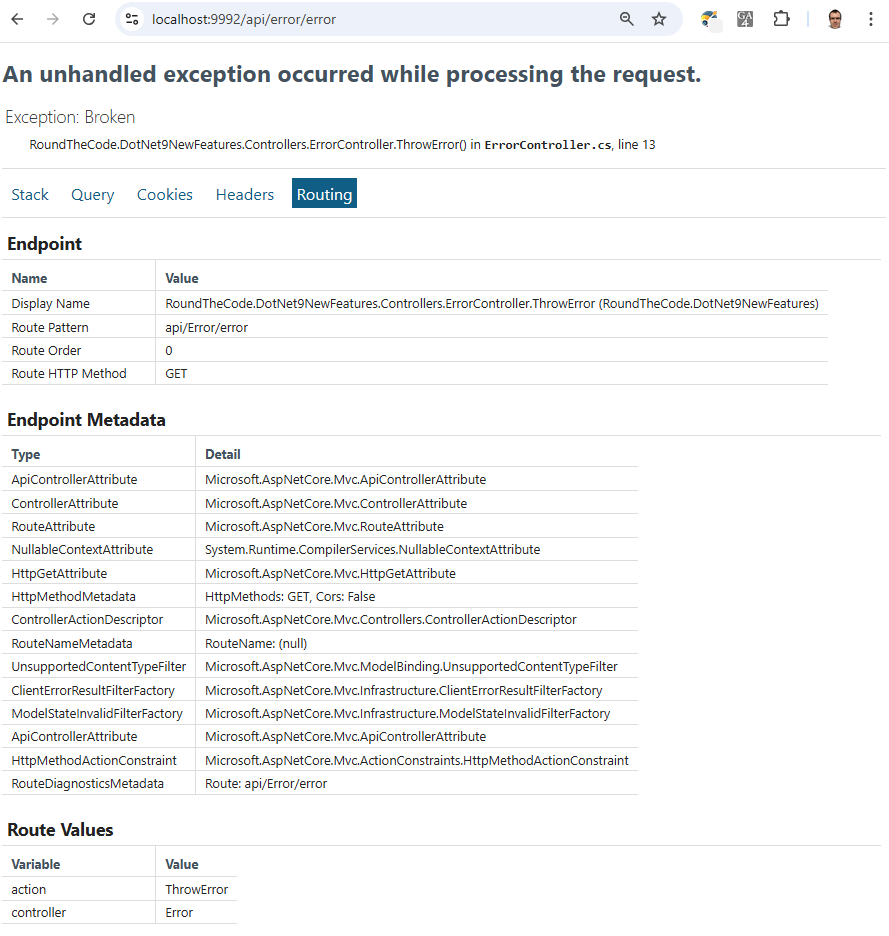 Routing tab has been added to the ASP.NET Core development exception page in .NET 9