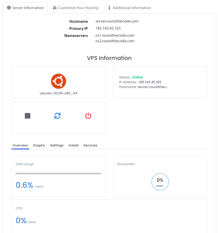 VPS Server Information on the A2 Hosting Control Panel