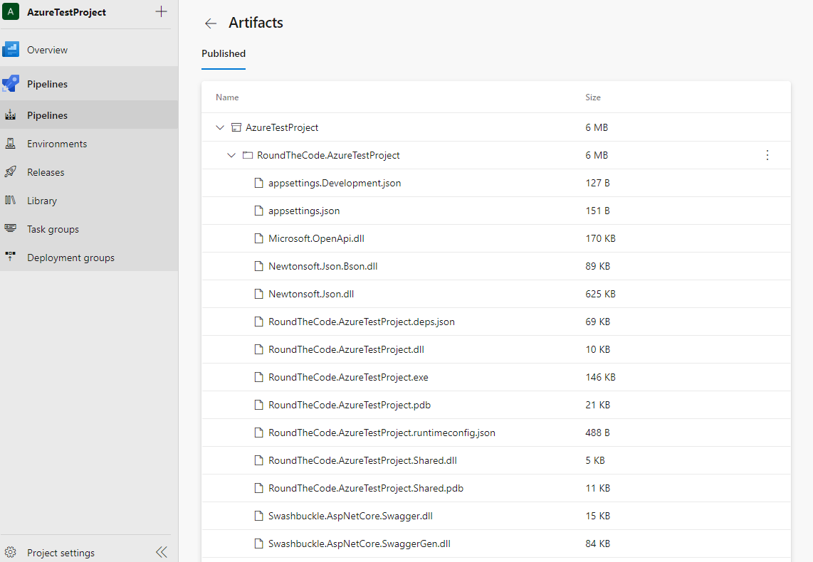 A published artifacts file example in Azure Pipelines