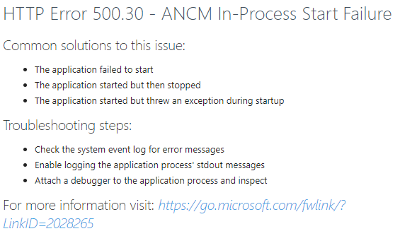 500.30 Error when Running an ASP.NET Core Application in IIS