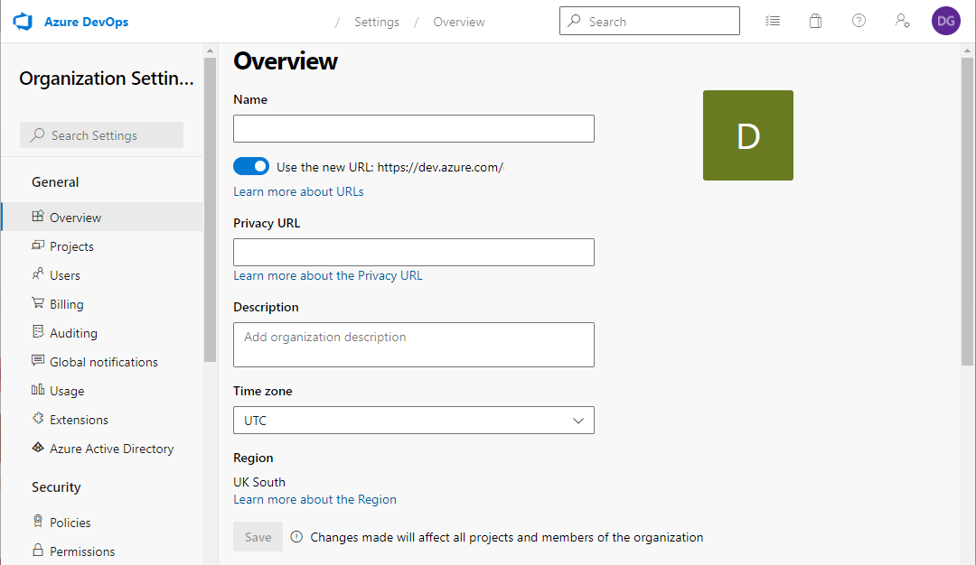 Organization settings in Azure DevOps