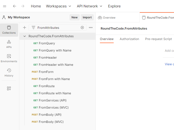 Imported ASP.NET Core endpoints in Postman