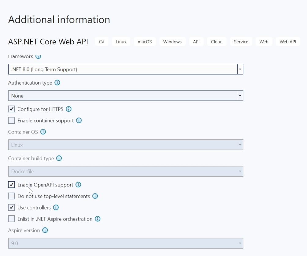 Creating a Web API in Visual Studio and enabling OpenAPI support