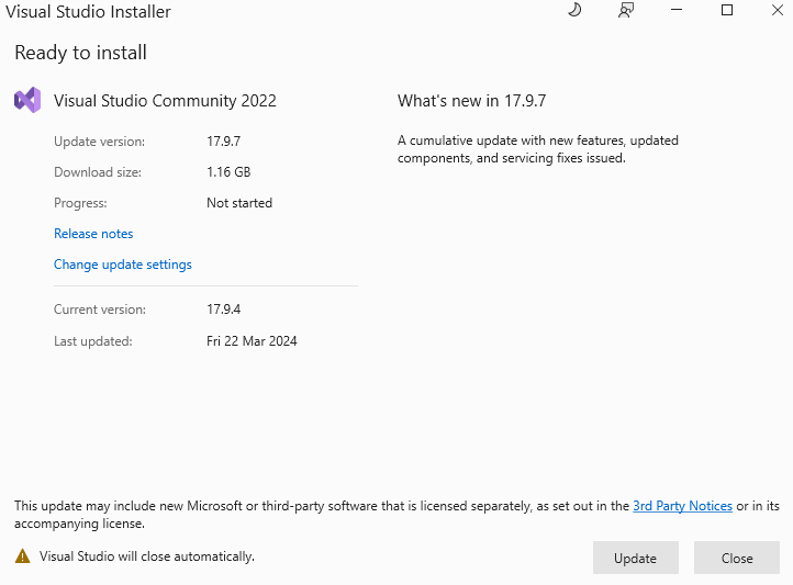 Update Visual Studio 2022 to 17.9.7
