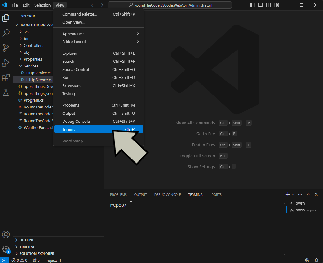 Open up the Terminal in VS Code