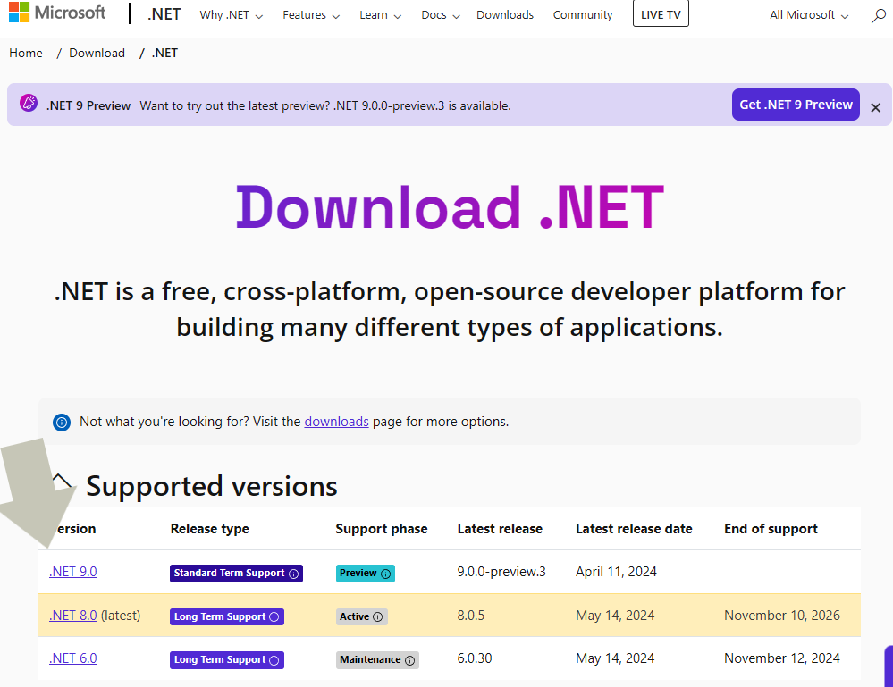 Download one of the supported .NET versions